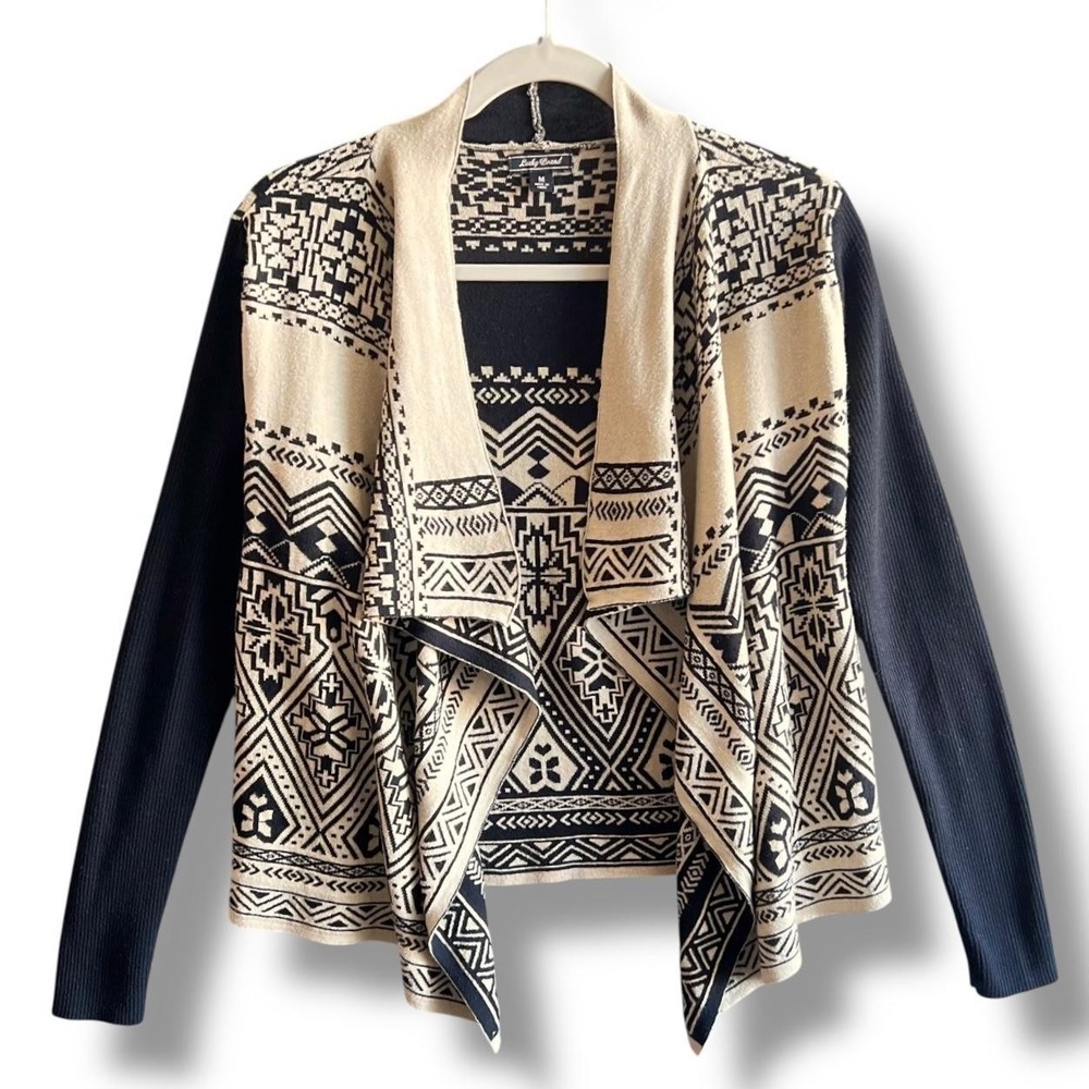 Lucky Brand Sweater Womens Medium Aztec Cardigan‎ Drape Open Front Boho - Picture 2 of 9